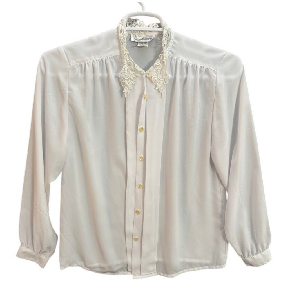 Petite Impressions White Lace Collar Button Down Blouse Vintage Style Size 10